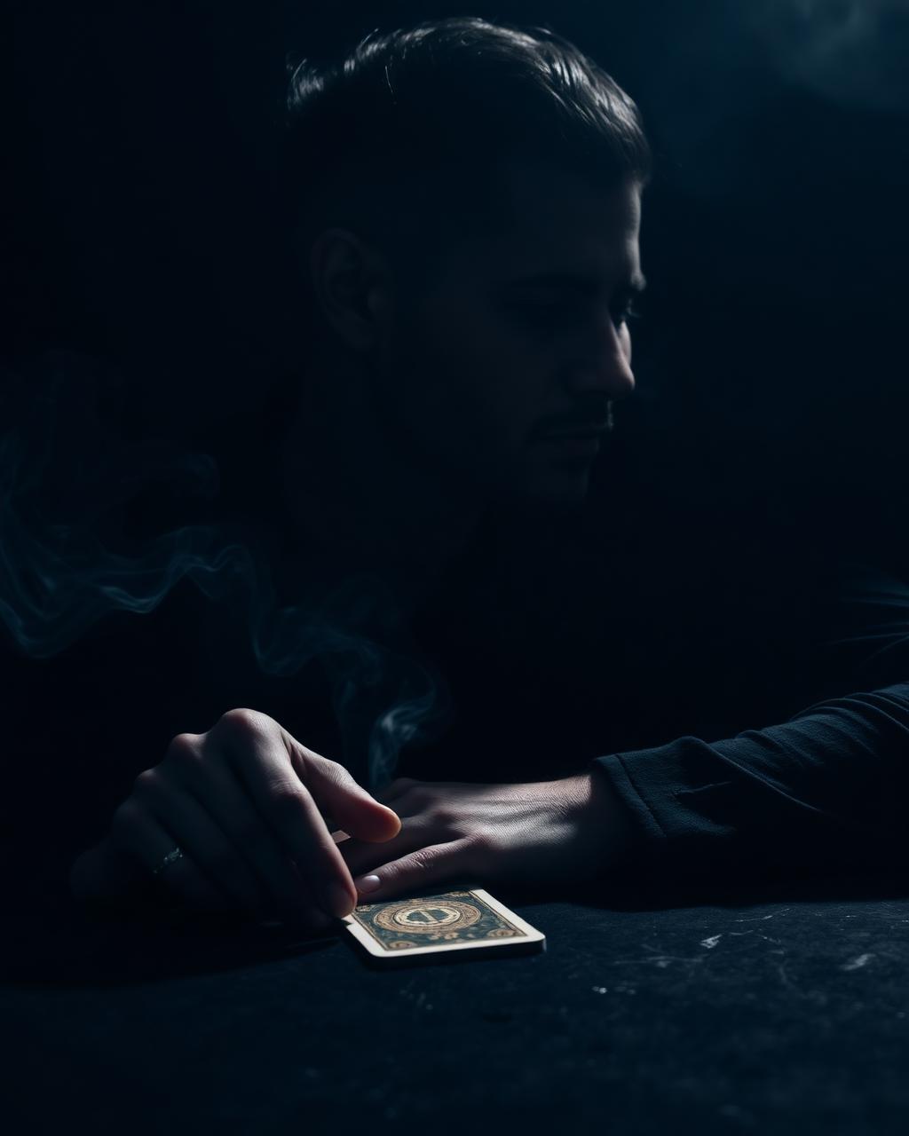 Retrato del lector, en sombra, sosteniendo una sola carta del tarot